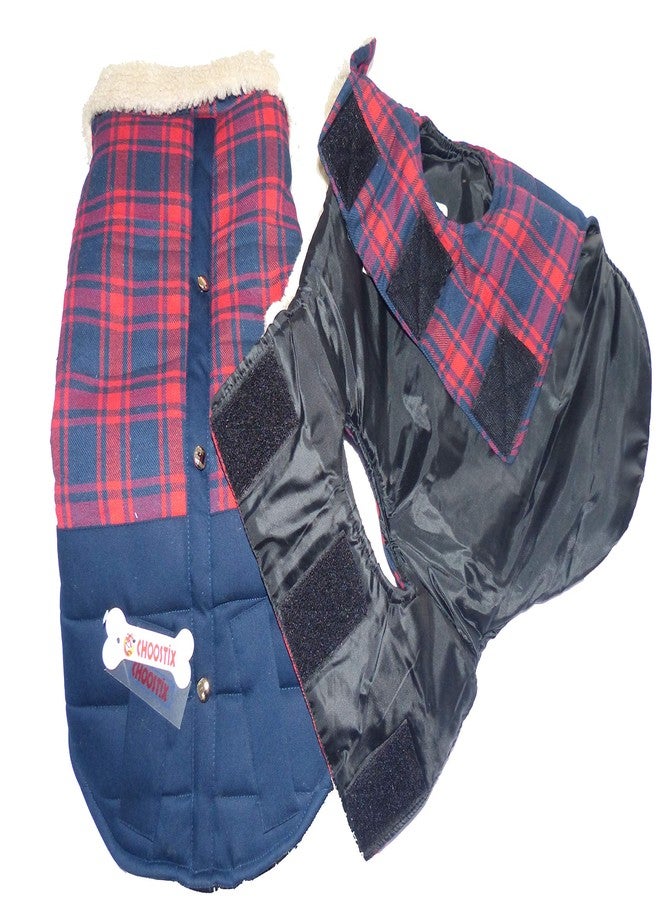 CHOOSTIX Brit Checkmate, Dog and Cat Jacket, Winter Wear, Fur Collar, Plaid Fabric with Golden Button, Navy Blue Color, Red White & Grey Designer Checks, Large, 240 Gram - Image 3